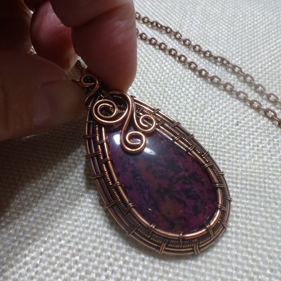 Gorgeous "PURPLE DENDRITE OPAL" COPPER Wire-Wrapped Handmade Pendant/Chain #352B - Picture 1 of 3